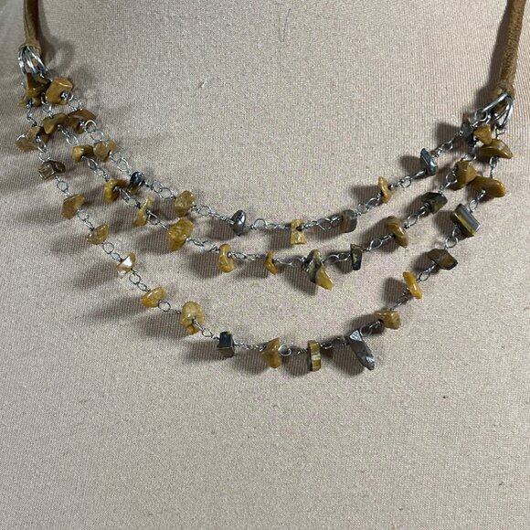 3 Strand Pebble Stone Necklace Choker Leather Silver Tone Brown - Picture 2 of 6